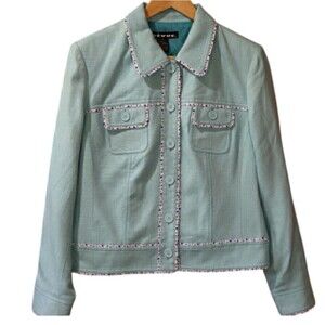 Révue Vintage Structured Blue & White Blazer Tweed Piping Polka Dot LG